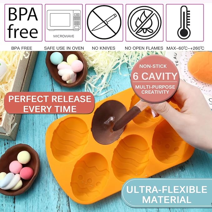 AKOAK 6-cavity Silicone Cake Mold, DIY Handmade Soap Mold, Non-stick Donut Mold, for Chocolate Pudding Jelly Muffin Cups, Kitchen Baking Decoration (Easter Egg)
