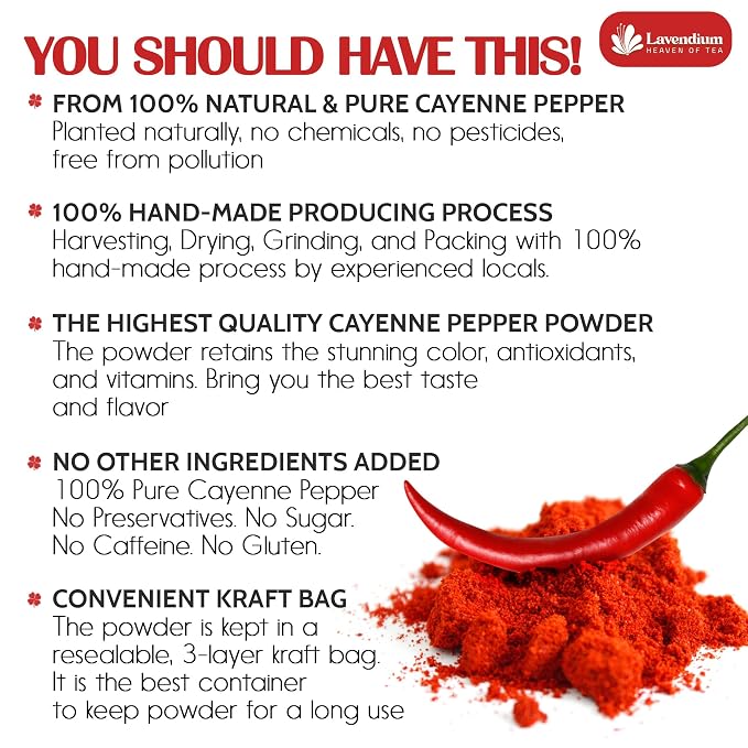 Lavendium, Premium 25oz Cayenne Pepper Powder, 100% Natural & Pure Ground Cayenne Pepper, No Additives or Preservatives, Non-GMO, Plant-Based & Vegan, Perfect for Seasoning, Marinades, Chili & BBQ Rubs