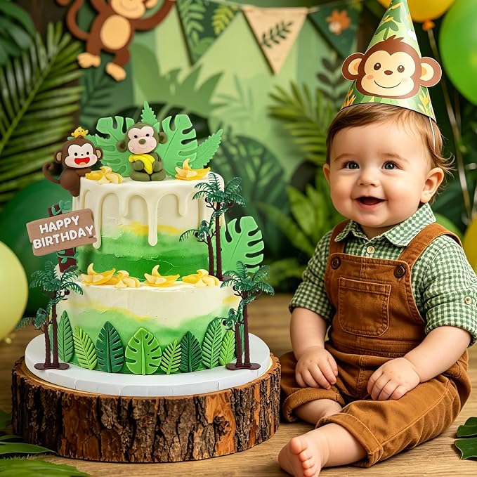 Hooqict 18Pcs Monkey Cake Decorations Set with Mini Banana Coconut Trees Happy Birthday Cake Toppers for Jungle Safari Animal Baby Shower Monkey Themed Birthday Party Decorations Supplies
