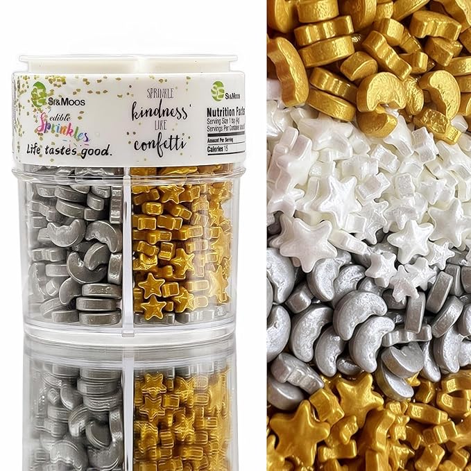 SE Si&Moos Moon and Star Sprinkles Edible Gold and White Star Sprinkles Gold and Silver Moon Cake Decoration Celestial Decorations for Party Baby Shower Birthday Holiday Supplies 3.5 OZ
