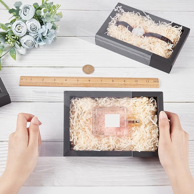 BENECREAT 12 Pack Black Drawer Kraft Boxes with PVC Plastic Window 7.3x5x1.4 Rectangle Paper Gift Boxes for Wedding Party Favor, Candy Jewelry, Gift Packaging