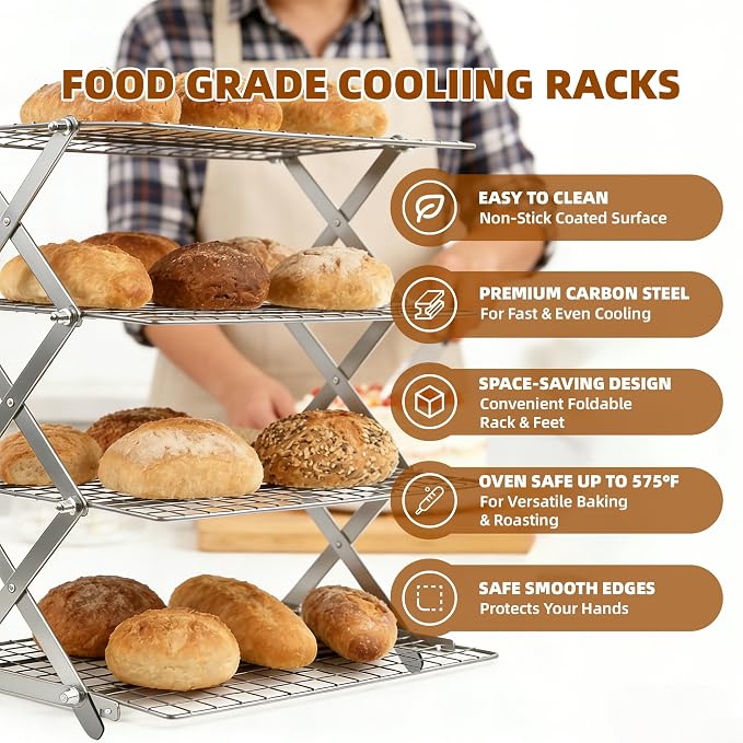 4 Tier Collapsible Cooling Rack with Adjustable 6 Setting Design stackable wire rack for baking sheet for Cookies Baking Gifts for Women (Silver, 4-Tier)