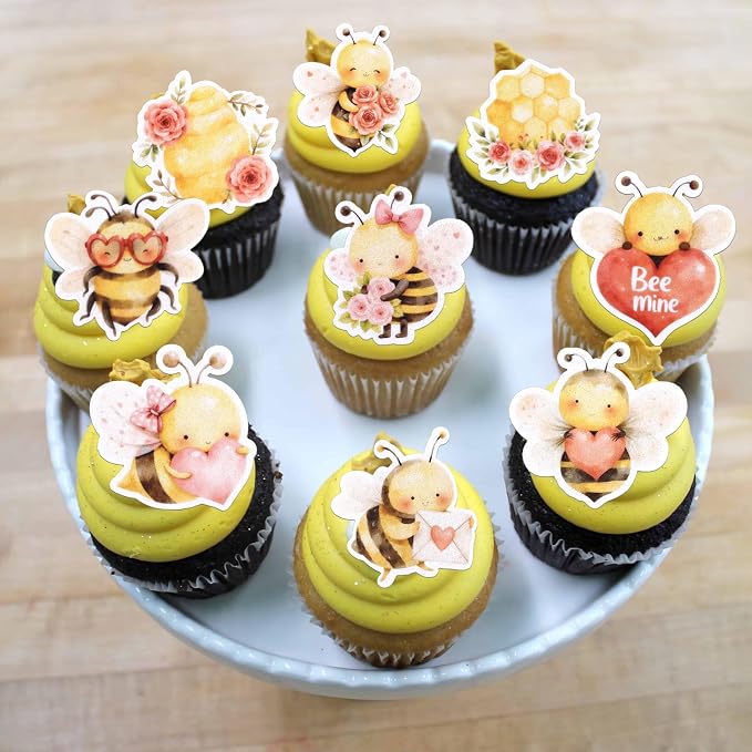60 PCS Edible Bumble Bee Cupcake Toppers Wafer Paper Love Heart Flower Oh Babee Cupcake Picks Edible Honey Bee Cupcake Decorations for Baby Shower Kids Birthday Party Cake Decorations Supplies