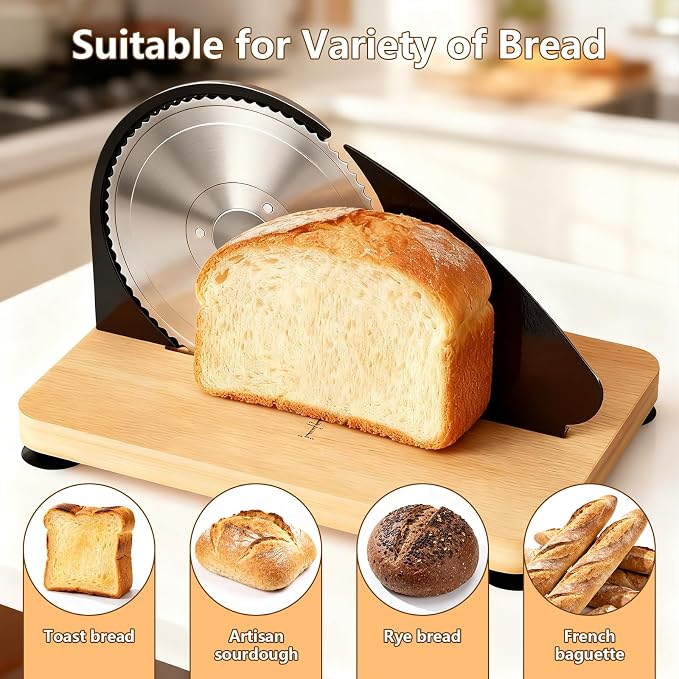 Manual Bread Slicer for Homemade Sourdough Bread with 25 Set Paper Bread Bags, Adjustable Thickness, Hand Crank Sourdough Bread Slicer with Stainless Steel Blade, Suction Cup and Guide Rail, Black