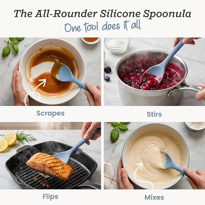 StarPack XL Spoonula The All-Rounder 13.5 Inch - LFGB Silicone Spoon Spatula, 600°F Heat Resistant, BPA-Free - One-Piece Seamless, Dishwasher Safe - for Nonstick Cookware and Deep Pots, Light Blue