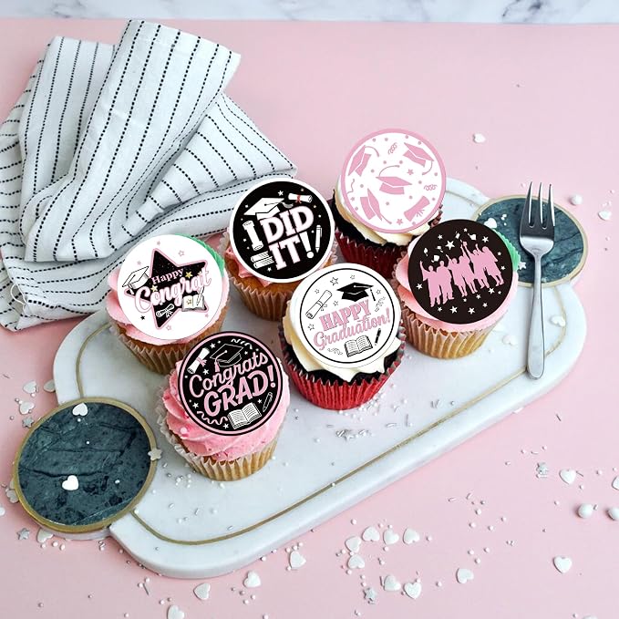63 PCS Edible 2026 Graduation Cupcake Toppers Diploma Congrats Grad Cap Class of 2026 Cupcake Decorations Edible 2026 Graduation Decorations for 2026 Grad Party Cake Decorations Supplies Pink