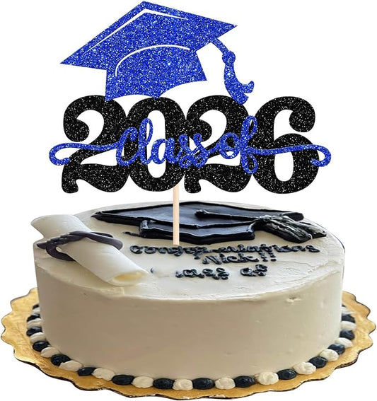 1 Pack Class of 2025 Cake Topper Glitter Congrats Grad Cap 2025 Graduation Cake Pick for 2025 Graduation Theme High School Boys Girls Graduate Party Cake Decorations Supplies Black Blue