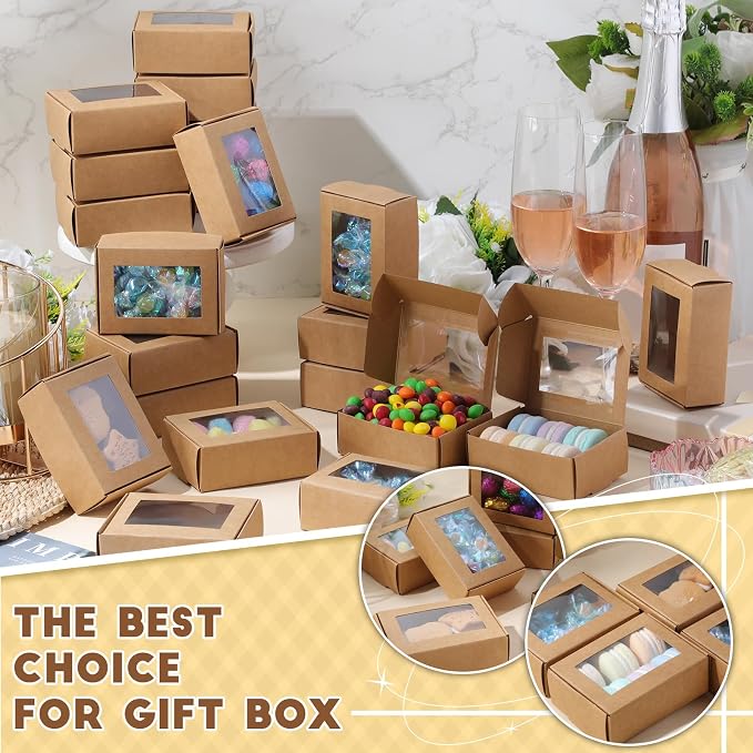 Zonon 100 Pcs Soap Boxes for Homemade Packaging, Mini Kraft Boxes with Window for Bakery Candy Soap Making Gift Packaging, 3.7x2.6x1.4 Inch (Brown)
