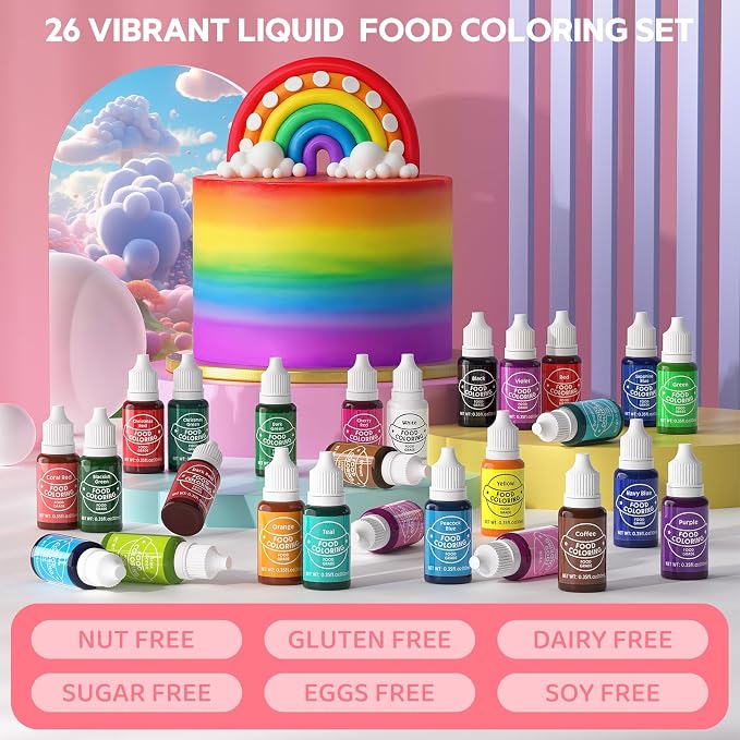 Food Coloring for Baking - Cherrysea 26x10ml Vibrant Cake Coloring Liquid Set for Dessert Decorating Food Dye for Icing,Fondant,Cookies,Easter Egg,Making DIY Supplies Kit- 0.35 Fl. oz/Bottles