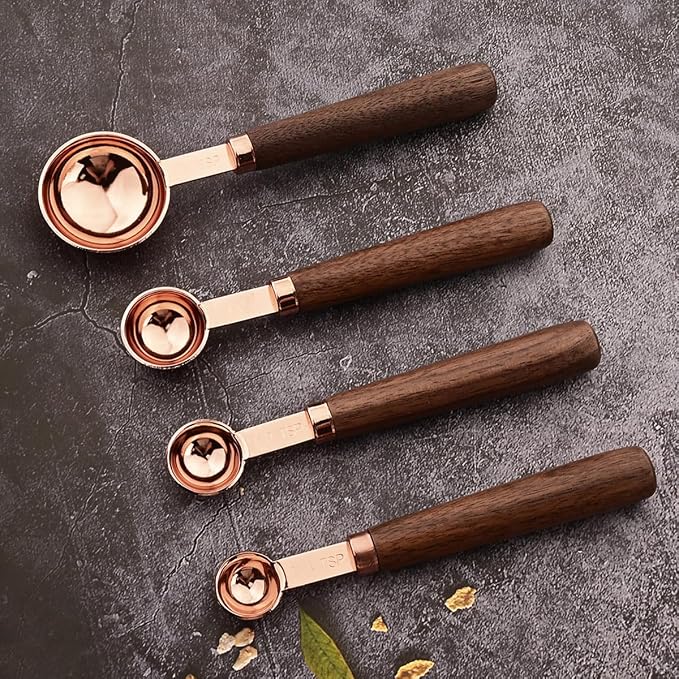 8 pieces Rose Gold Copper Measuring Cups Set and Measuring Spoons Set with Scale, BRIIEC Wooden Handle Stainless Steel Dry & Liquid Measuring Cup for Cooking Baking