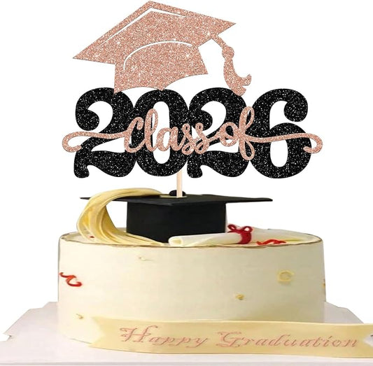 1 Pack Class of 2026 Cake Topper Glitter Congrats Grad Cap 2026 Graduation Cake Pick for 2026 Graduation Theme High School Boys Girls Graduate Party Cake Decorations Supplies Black Red