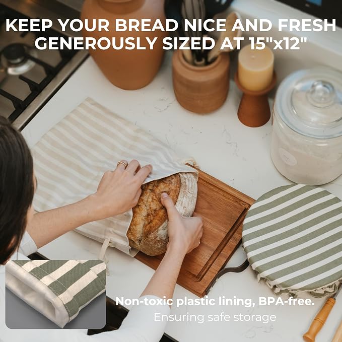 KIBAGA Beautiful Linen Bread Bag Set and Proofing Cover For Homemade Sourdough Bread - Keeps Your Loaf Fresh for Days - Reusable and Easy to Clean Storage Bag, The Perfect Baking Accessories
