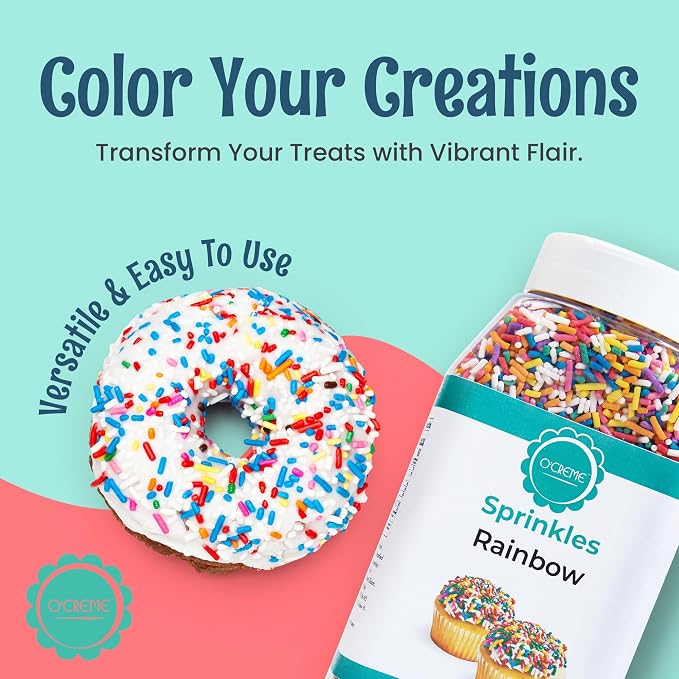 O’Creme Rainbow Sprinkles – 6.3oz for Cake Decorating – Kosher Pastel Sprinkles for Cupcakes, Cookies, Cakes, Ice Cream – Easy-Pour Jar