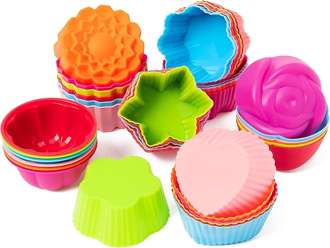 R HORSE Multi Flower-Shaped Silicone Cupcake Molds, 42PCS | 2.6-2.8 Inch, Non-Stick, Reusable, Heat resistant, Food-grade, Washable, Silicone, Pan Oven Microwave Dishwasher Safe