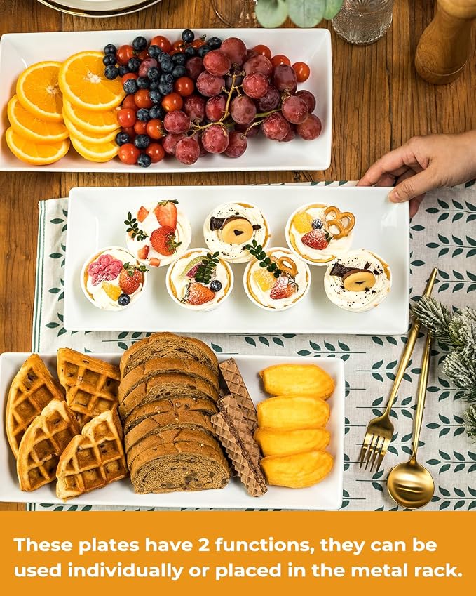 LAUCHUH Large 3 Tier Serving Stand Tiered Serving Trays with Collapsible Sturdier Rack Porcelain Serving Trays and Platters for Fruit Dessert Presentation Father's Day Party Display Set, 14 Inch