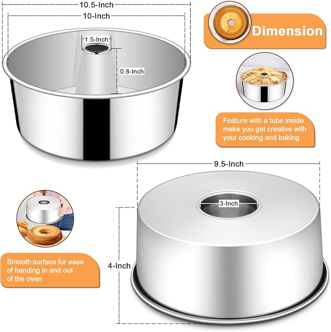 LIANYU Angel Food Cake Pan, 10 Inch Tube Pan for Baking Pound Cake, Deep Chiffon Mold with Stainless Steel Core, Mirror Finished Surface, Easy to Release, Dishwasher Safe