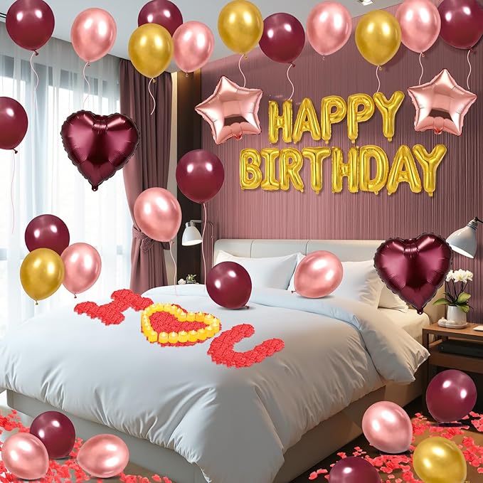 Burgundy Happy Birthday Balloons Decorations Burgundy Rose Gold Birthday Balloon Letters Banner with Star Heart Balloons Artificial Rose Petals 24 Flameless LED Candles for Birthday Party Supplies