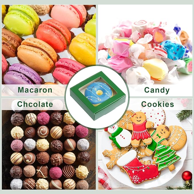 Zonon 30 Pcs Kraft Paper Boxes with Window 4.13 x 4.13 x 1.18 Inch Candy Packaging, Small Gift Boxes, Soap holder, Mini Treat Packaging for Bakery Chocolate Jewelry Display (Dark Green)