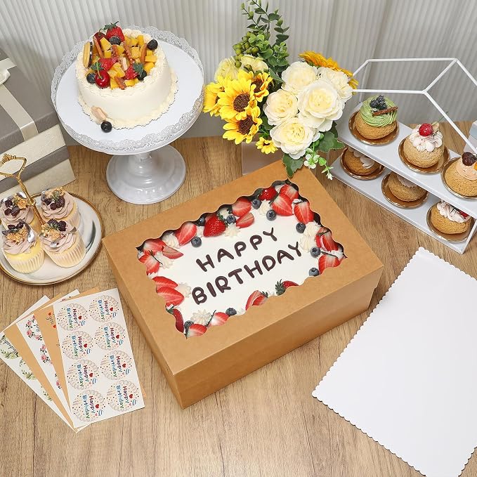COTOPHER 14x10x6 In Sheet Cake Boxes, 16 Pcs Brown Bakery Boxes with Large Window (8 Boxes & 8 Boards), Cake Containers for Quarter Cakes, Donuts, Cupcakes, Brownie, Pastry & Pies Packaging