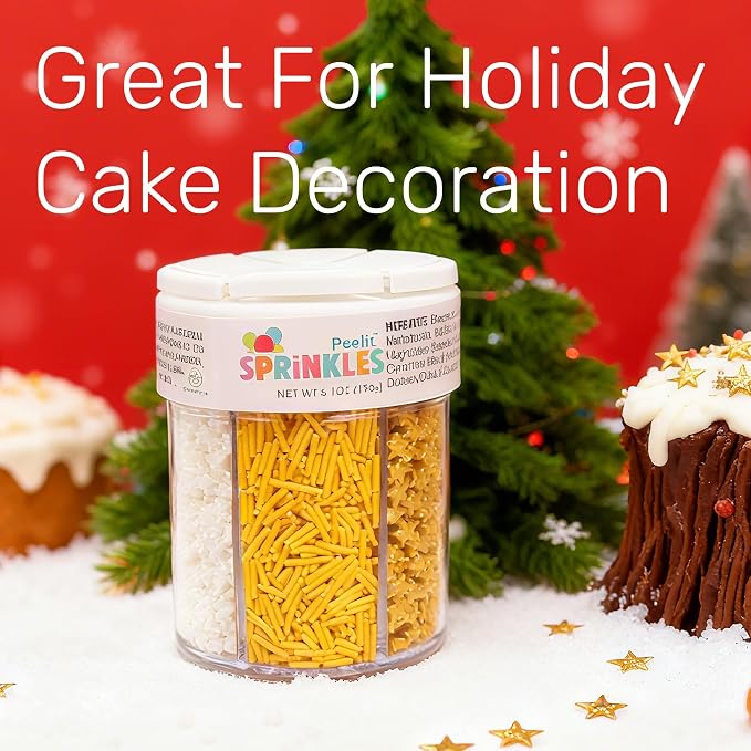Peelit Gold & Silver Sprinkles Mix (6.7oz) – Edible Metallic Pearls, Stars & Hearts for Cake Decorating – Satisfying Crunch 6-in-1 Jar for Baking, Cookies, Cupcakes – Premium Edible Cake Toppers