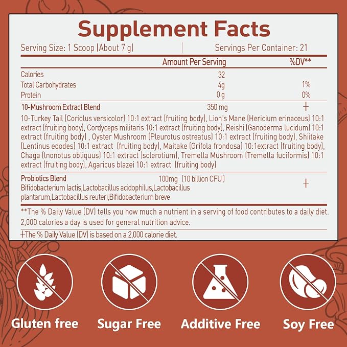Suiyilary Mushroom Probiotic Coffee Creamer, 10 Mushrooms Creamer with Probiotics, Lion’s Mane, Cordyceps, Reishi, Turkey Tail, Shiitake for Gut, Digestion, Gluten Free 21 Serving