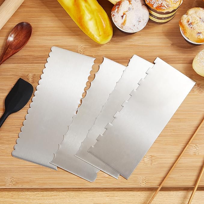Geiserailie 4 Pieces Stainless Steel Cake Ice Scraper Metal Smoother Large Double Sided Patterned Edge Stripe 9 Inch Metal Cake Decorating Comb for Icing Mousse Butter Cream Decoration, 4 Styles