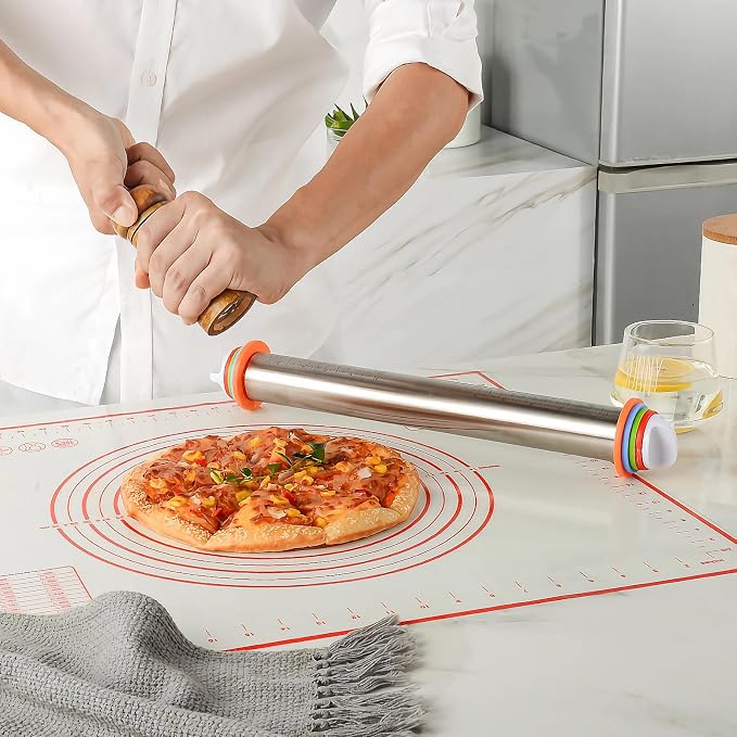 17" Adjustable Rolling Pin with 4 Sets Thickness Rings, Stainless Steel Dough Roller Pin for Pizzas, Pies, Biscuits, Dumplings, Pasta - Easy to Clean
