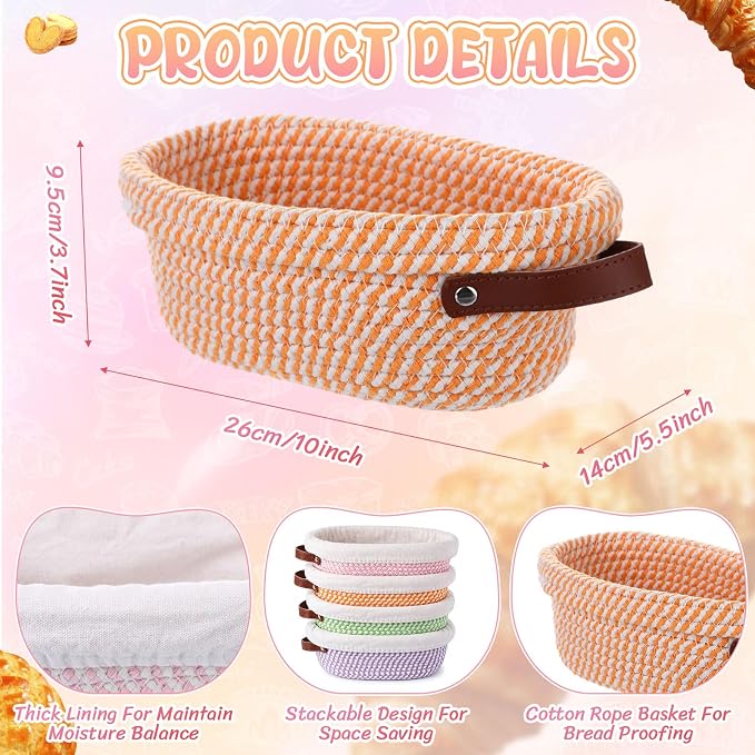 4 Pack Oval Banneton Bread Proofing Basket Set, 10'' Natural Cotton Rope Sourdough Proofing Basket with Liners & Handle Artisan Sourdough Bread Baking Supplies for Home Bakers(Pastel)