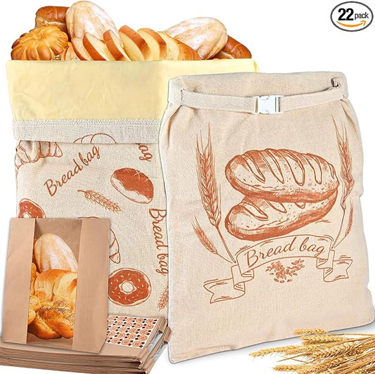 Bread Bags for Homemade Sourdough Bread, Reusable Beeswax Bags for Sourdough, 2 Pack Large Linen Bread Bags and 20 Paper Sleeves for Sourdough Baked Food Storage & Gifts