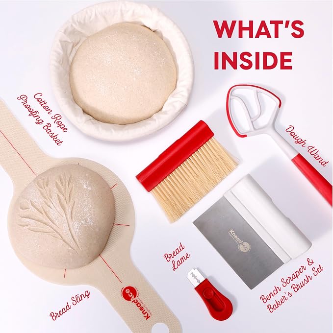 KneadAce Sourdough Kit, Sourdough essentials tools including round proofing basket, round bread sling, bread lame, bench scraper and baker's brush set and dough wand