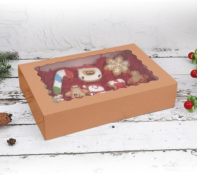 Tcoivs 20-Pack Bakery Boxes with Window, 12" x 8" x 2.5" Cookie Boxes, Treat Boxes, Large Donut Boxes for Muffins and Pastries (Brown)