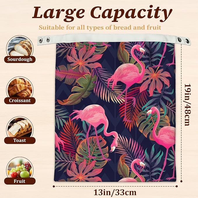 Beeswax Bread Bags, 2 Pack for Homemade Bread and Sourdough Storage | Pink Flamingo Tropical, Reusable Polyester Bread Storage With Beeswax Coating And Snap Closures