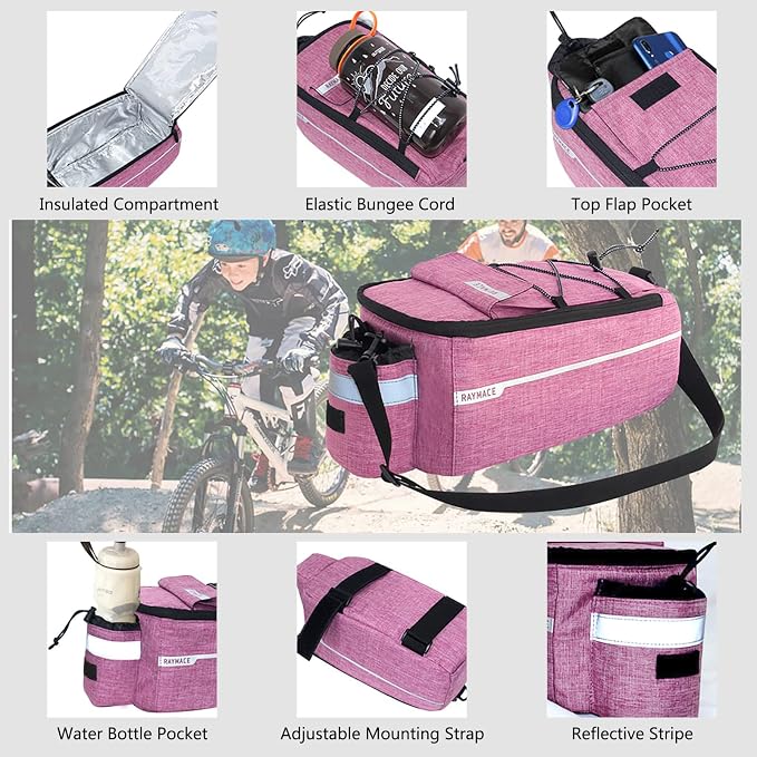 RAYMACE Bike Rear Rack Bag, Bike Trunk Cooler Bag, Bicycle Pannier for Warm or Cold Items (Violet)