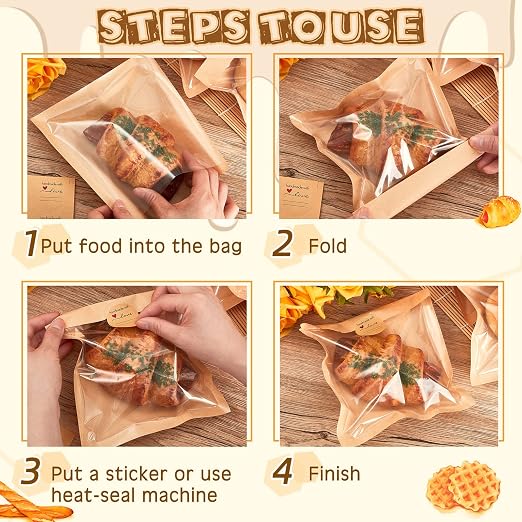 Outus 400 Pcs Cookie Packaging Bags with Seal, 7.1 x 7.5 Inch Bakery Pastry Bags with Window, Heat Sealable Grease Resistant Paper to Go Bake Sleeves for Gift Giving Donut Bread Sandwich (Brown)