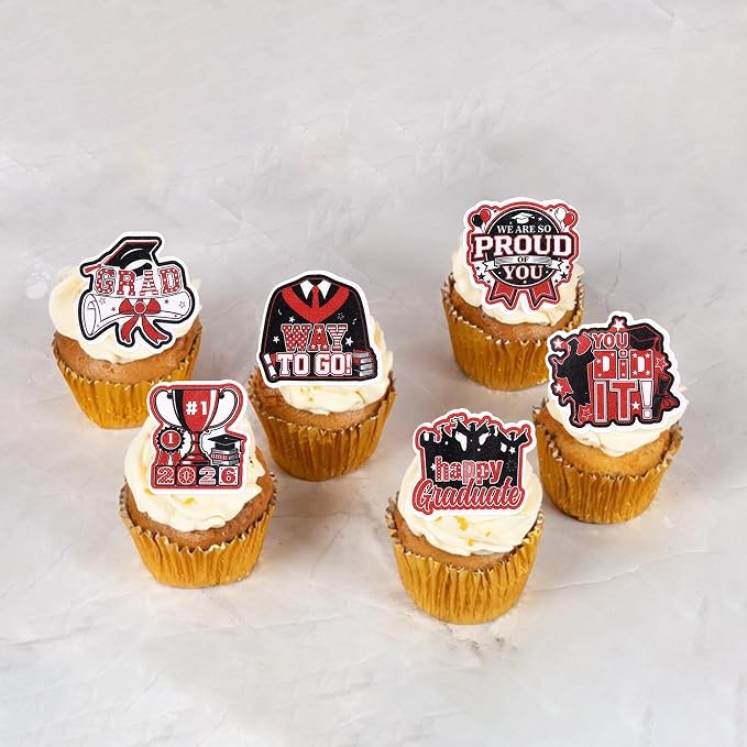 60 PCS Edible 2026 Graduation Cupcake Toppers Diploma Congrats Grad Cap Class of 2026 Cake Decorations Edible 2026 Graduation Decorations for 2026 Graduate Party Cake Decorations Supplies Black Red