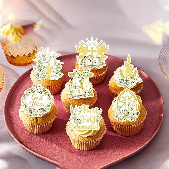 60 PCS Edible God Bless Cupcake Toppers Dove Cross Baptism Cupcake Picks Edible Church Floral First Communion Cake Decorations for Gold Bless Baptism Theme Baby Shower Birthday Party Supplies Gold