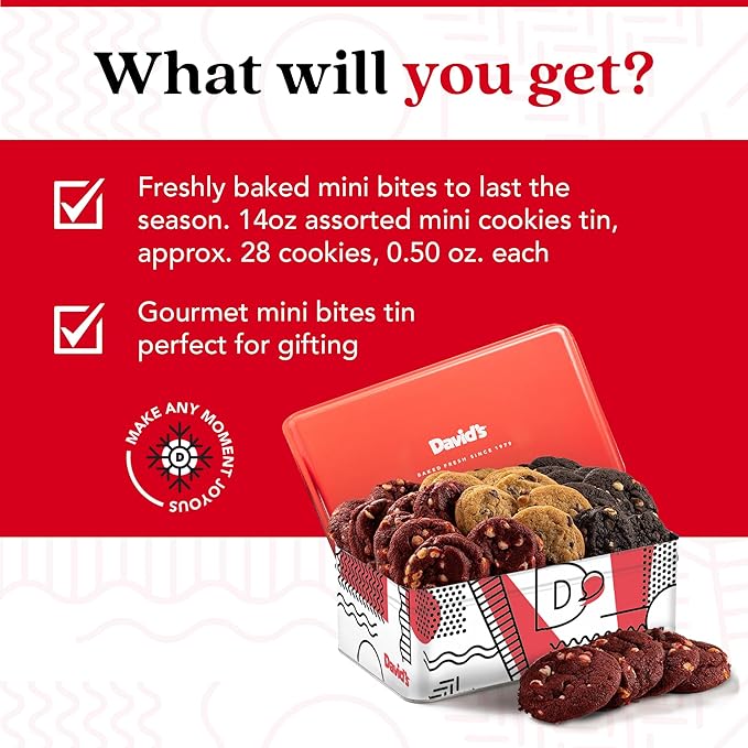 David's Cookies Fresh-Baked Sweet Sampler Mini Bites Tin - 14oz Assorted Mini Cookies with Chocolate Chip, Chocolate & White Chocolate Chip & Red Velvet - Delicious Gourmet Gift For All Occasions
