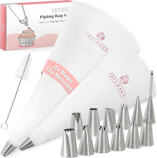 EDELHAUS Piping Bags and Tips Set – Reusable Piping Bags with 12 Piping Tips, Pastry Bags and Tips, Frosting Piping Kit, Cake Decorating Tools, Icing Bags Set with Flower Piping Tips & Couplers