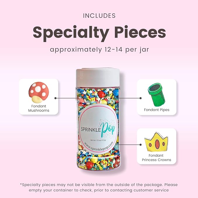 Sprinkle Pop Gamer Sprinkle Mix| Red Green Blue Yellow Sprinkles with ~20 Italian Plumber Pipes Crowns & Mushrooms| It's Me Sprinkles Made in USA for Decorating Boys Girls Birthday Cakes Cupcakes, 4oz