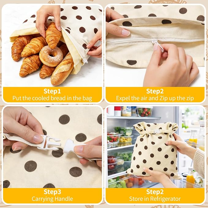 2 Pack Beeswax Bread Bags for Homemade Sourdough,XL Natural Cotton Reusable Beeswax Bread Storage Bag with Zipper,Keep Fresh longer and Freezer-Friendly (17x13") (Brown polka dots)