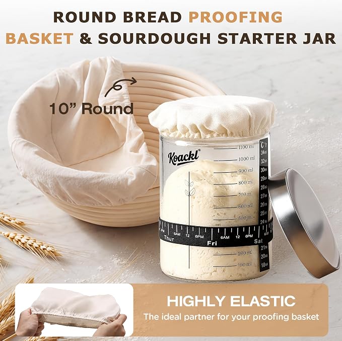 Koackl Bread Proofing Cover - 4 Pack Basket Linen Cloths & 2 Jar Covers, Reusable Cotton Bread Proofing Liners for Sourdough Baking, 10" Compatible with Round/Oval Banneton Baskets
