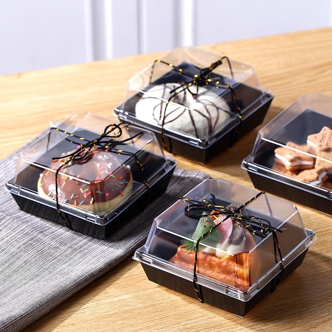 Jetec 50 Pack Charcuterie Boxes with Clear Lids and Rope 4 Inches Cake Disposable Square Dessert Food Box Containers with Lids for Bakery Macaron Cookies Strawberries Fruits Display (Black)