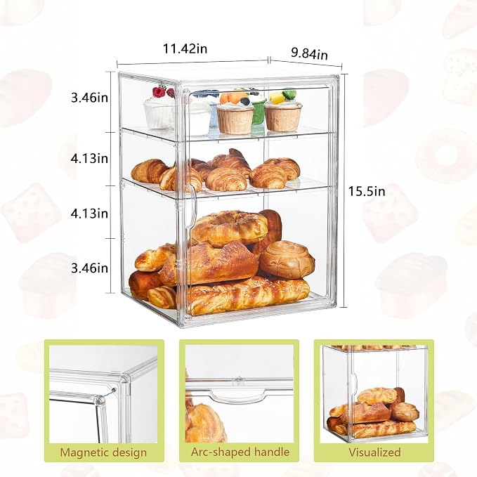 SANKEU Pastry Display Case,Bread Box for Kitchen Countertop,4 Layers Detachable Clear Bread Storage with Magnetic Door Bakery Pastry Display15.5x11.4x9.8,2 Pack