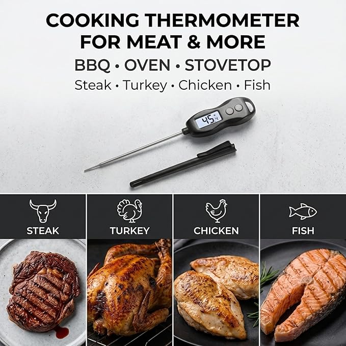 Meat Thermometer Digital Instant Read, Waterproof for Cooking & BBQ (Black) | Backlit food thermometer with 5.3” probe for steak, turkey, oil, candy, liquids, sourdough & baking