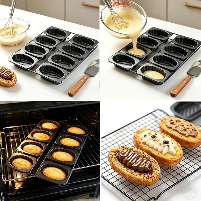 8-Cavity Egg Tart Molds, Fluted Edge Small Tart Pan Boat Shaped, Mini Oval Loaf Tray, Nonstick Baking Pans for Pound Cake, Banana Bread, Cheesecake, Brownies