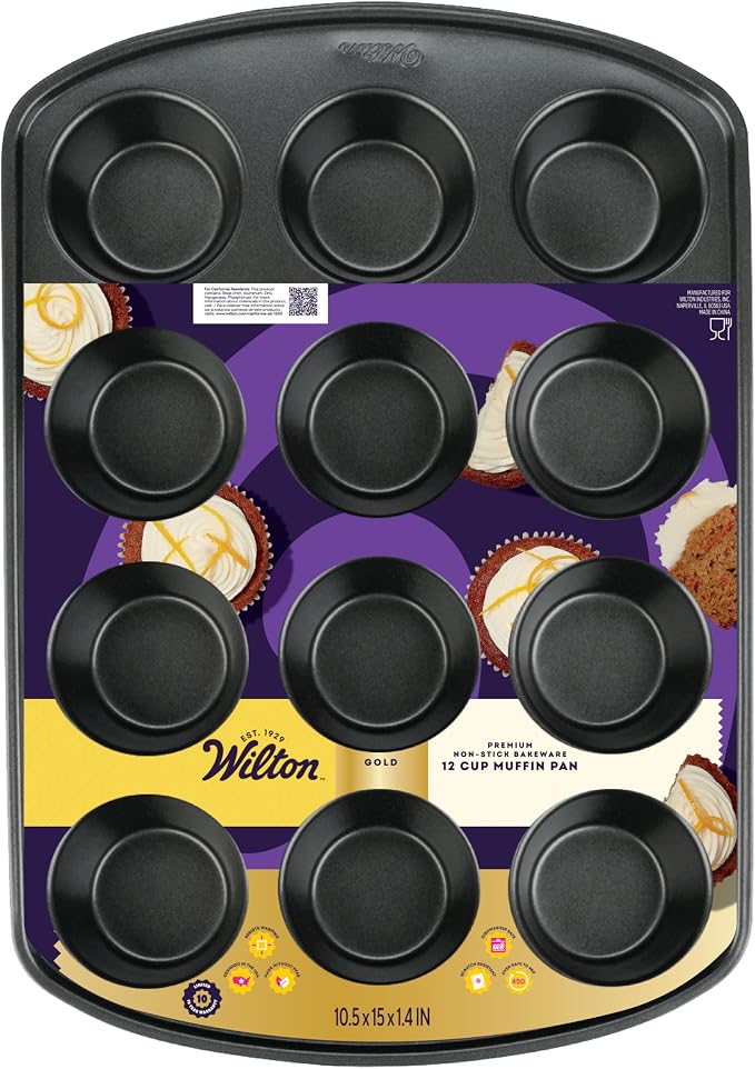 Wilton Gold Non-Stick Bakeware Muffin Pan-Baking Pan for Muffins & Cupcakes-Made Without PFAS,Dent Resistant&Dishwasher Friendly-Offers Even Heat Distribution-10.5 x 15 x 2 Inches, 12 Cup (Pack of 6)