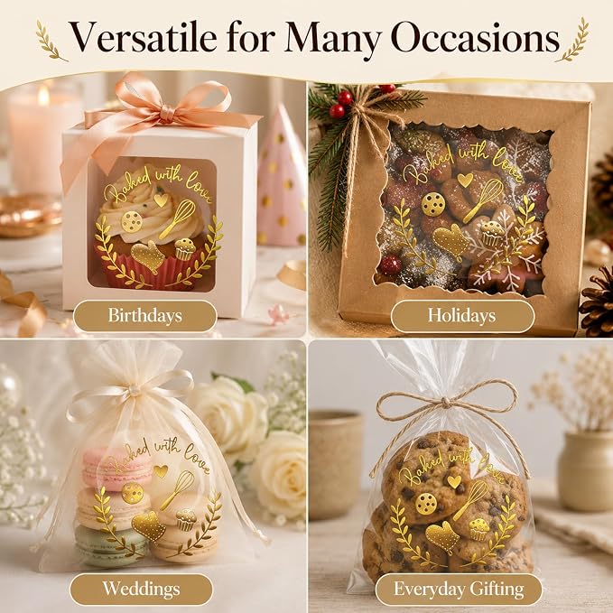 100 Baked with Love Stickers, Bakery Stickers, Baking Stickers & Cookie Stickers for Homemade Treats, Sourdough Bread, Pastry Packaging, Clear Gold Foil Labels for Small Business & Gift Bags, 1.6 Inch
