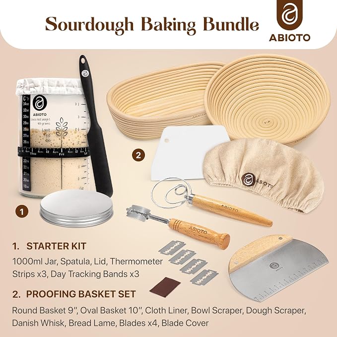 ABIOTO Sourdough Bread Baking Supplies and Starter Kit - Ultimate Bread Making and Sourdough Starter Kit with Proofing Baskets, 34oz Sourdough Jar, Bread Lame, Scrapers & Danish Whisk