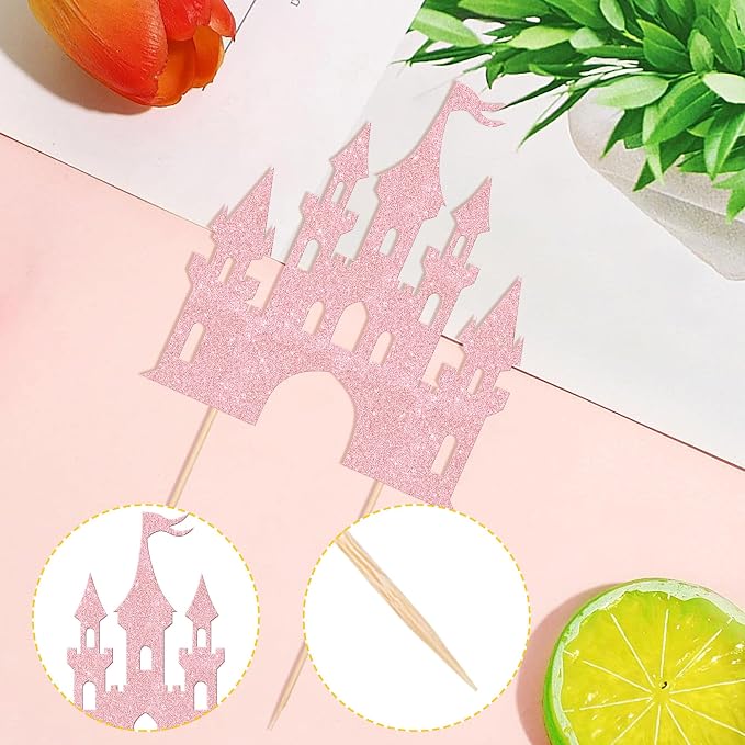 1 PCS Castle Cake Topper Glitter Princess Cake Topper Castle Theme Birthday Party Decoration Princess Happy Birthday Cake Decoration for Baby Shower Girls Princess Birthday Party Supplies Light Pink