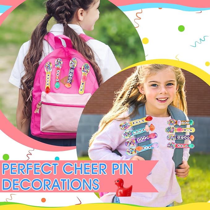 Geelin Cheer Pins Kit with 80 Pcs Spirit Clips, 800 Letter Beads, 30 Ducks, 80 Spoons, Glue, Decoration for Cheerleaders, Volleyball Team Gifts Bulk Stuff DIY Charms Macaron Colors